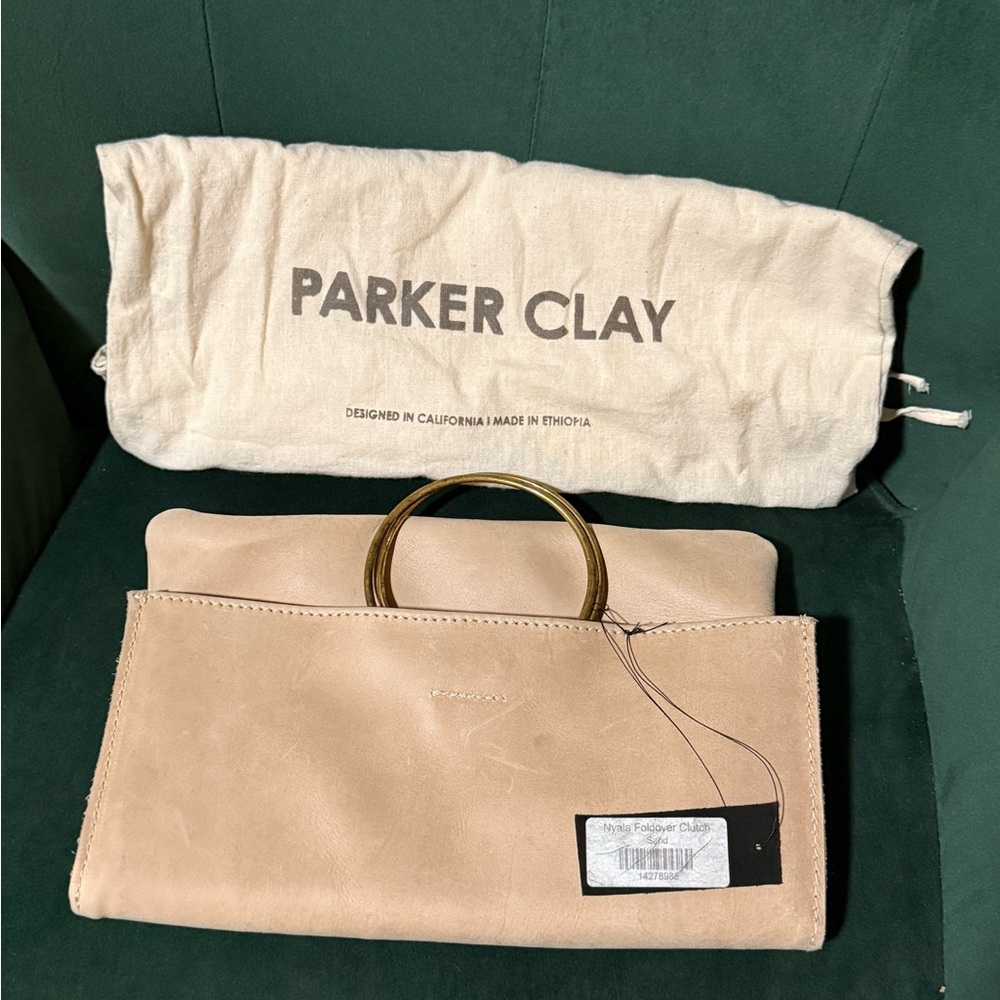 Parker Clay Beige Leather Clutch with Brass Handle